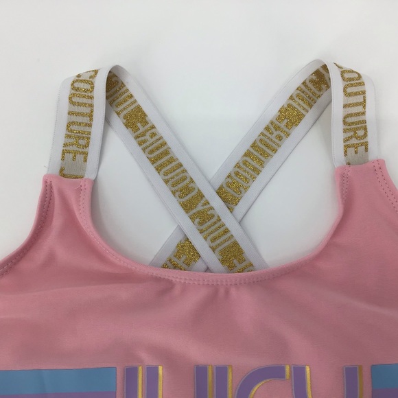 Juicy Couture Girl's NWT Pink One Piece Logo Gold Cross Strap Swimsuit, 14/16 - Picture 5 of 14